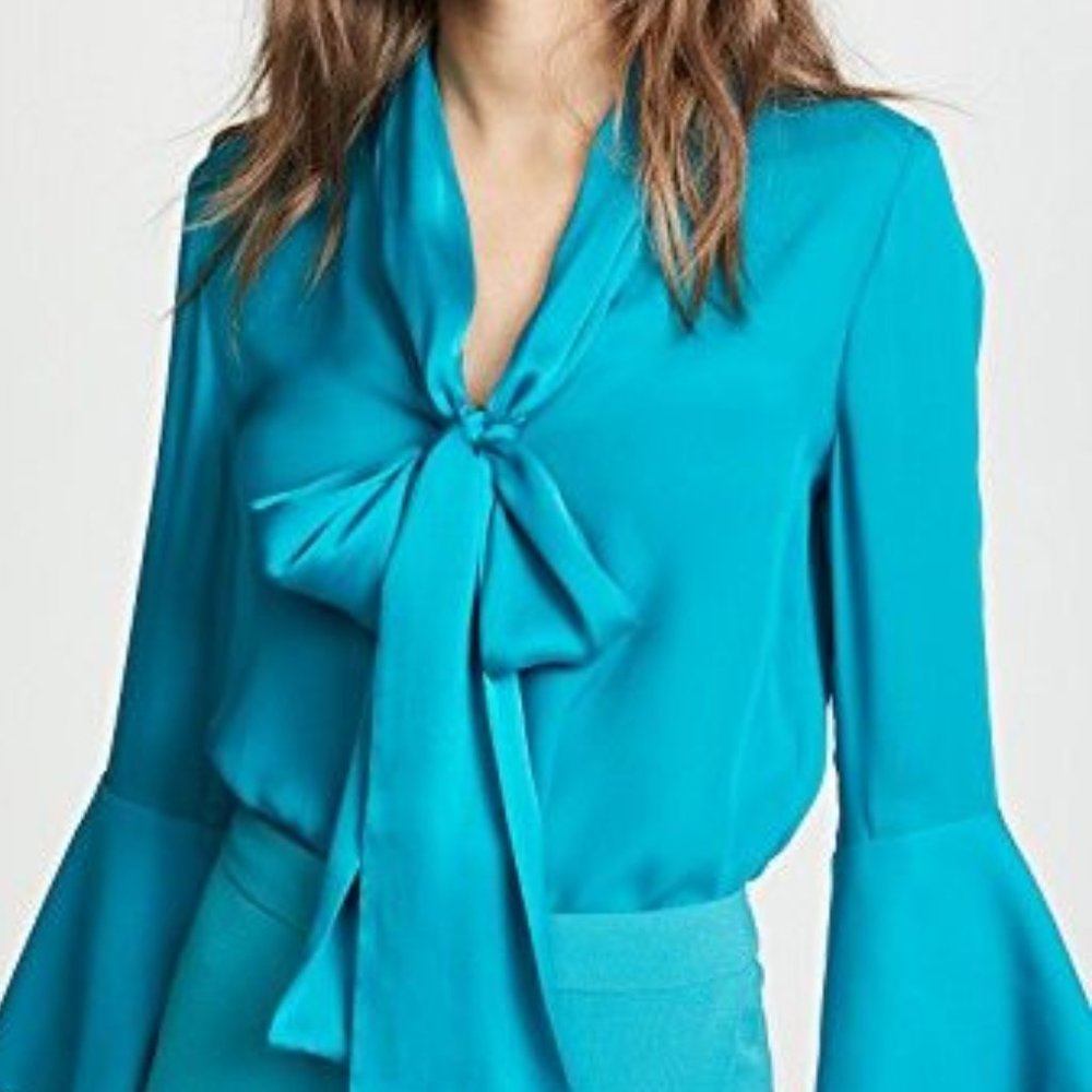 Alice + Olivia Silk tie-neck button up teal blouse